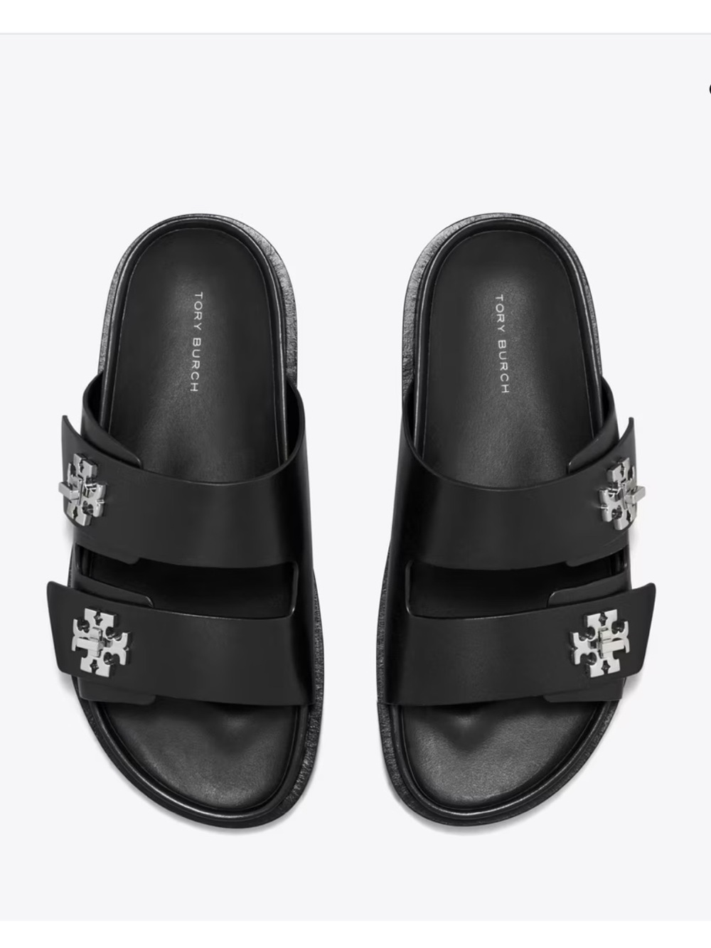 Tory Burch Black Double-Strap Logo Slide Sandals with Silver Hardware